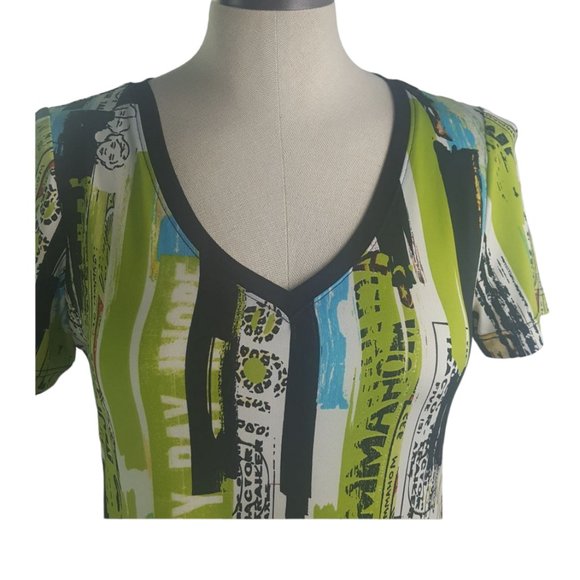 Jean Vincent Women sz S Tunic Shirt Flowy Green blue w/ graphics Made in Canada - Picture 2 of 9